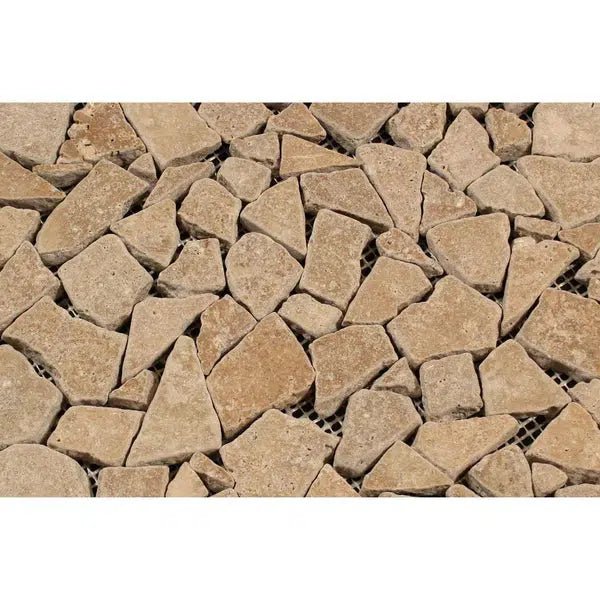 Noce (Brown) Travertine Flat Pebble / Paledian (Random Broken) Mosaic Tumbled - SurfacesGalore