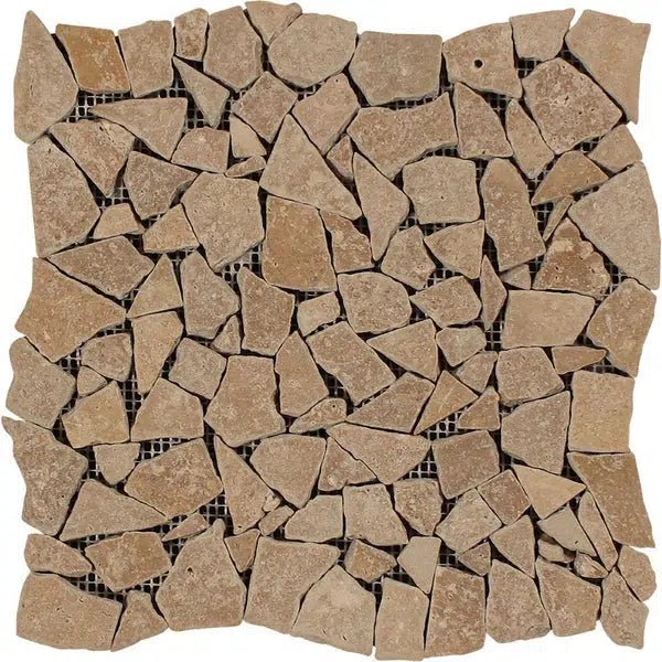 Noce (Brown) Travertine Flat Pebble / Paledian (Random Broken) Mosaic Tumbled - SurfacesGalore