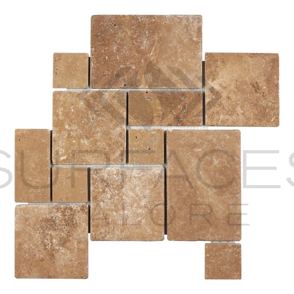 Noce (Brown) Travertine OPUS Mini - Pattern (4 pcs.) Mosaic (Interlocking) Tumbled - SurfacesGalore