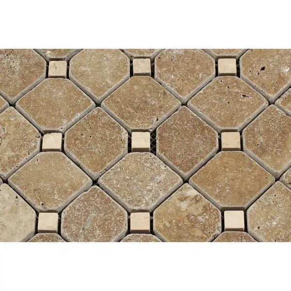 Noce (Brown) Travertine Octagon Mosaic w/ Ivory Dots Mosaic Tumbled - SurfacesGalore