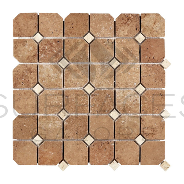 Noce (Brown) Travertine Octagon Mosaic w/ Ivory Dots Mosaic Tumbled - SurfacesGalore