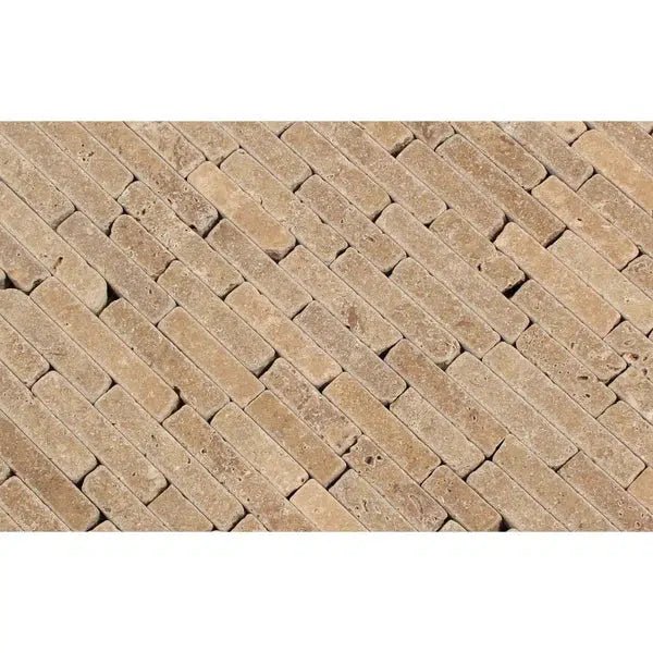 Noce (Brown) Travertine Random Strip Mosaic Tumbled - SurfacesGalore