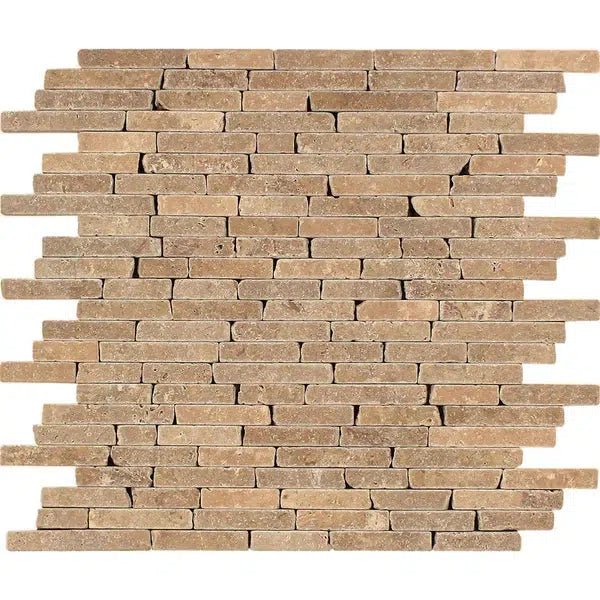 Noce (Brown) Travertine Random Strip Mosaic Tumbled - SurfacesGalore