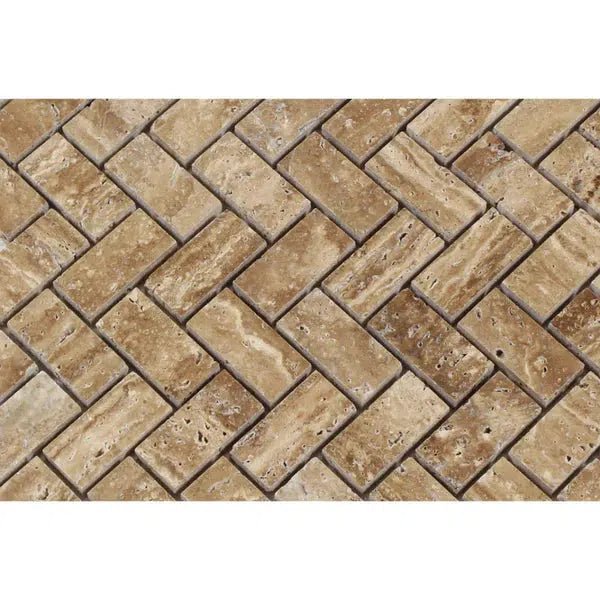 Noce Exotic 1X2 Herringbone Mosaic Vein - Cut Travertine Unfilled and Polished - SurfacesGalore