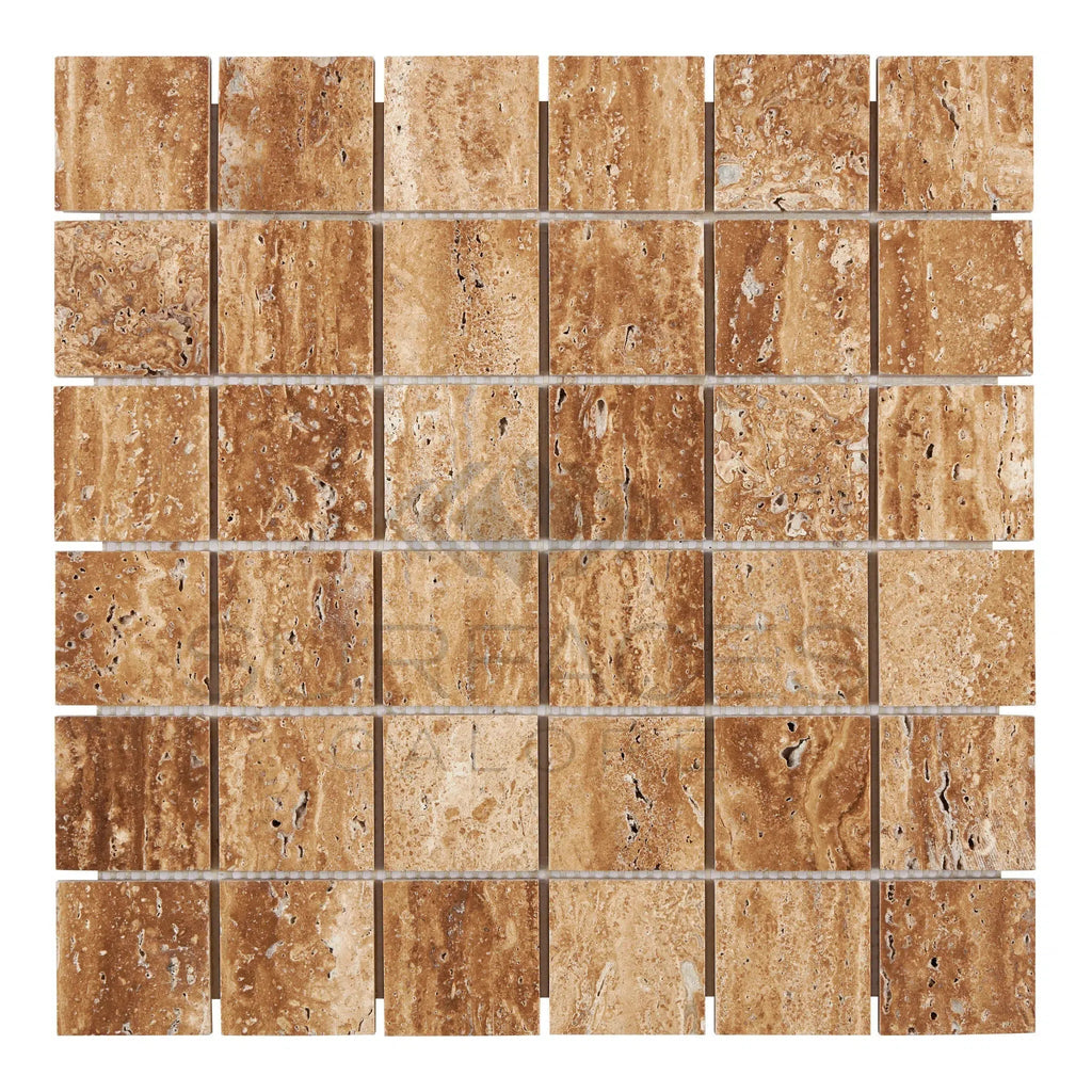 Noce Exotic 2X2 Mosaic Vein - Cut Travertine Unfilled and Brushed - SurfacesGalore