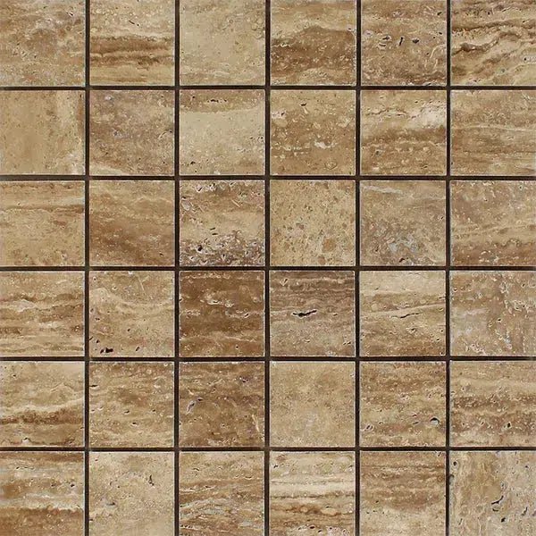 Noce Exotic 2X2 Mosaic Vein - Cut Travertine Unfilled and Polished - SurfacesGalore