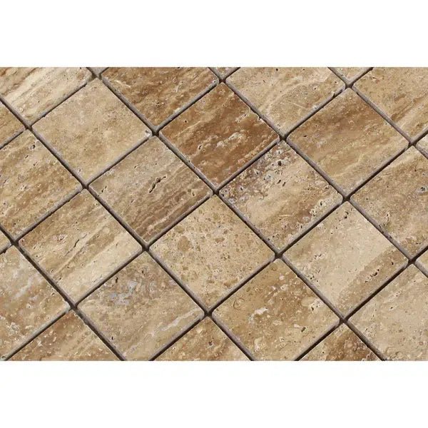 Noce Exotic 2X2 Mosaic Vein - Cut Travertine Unfilled and Polished - SurfacesGalore