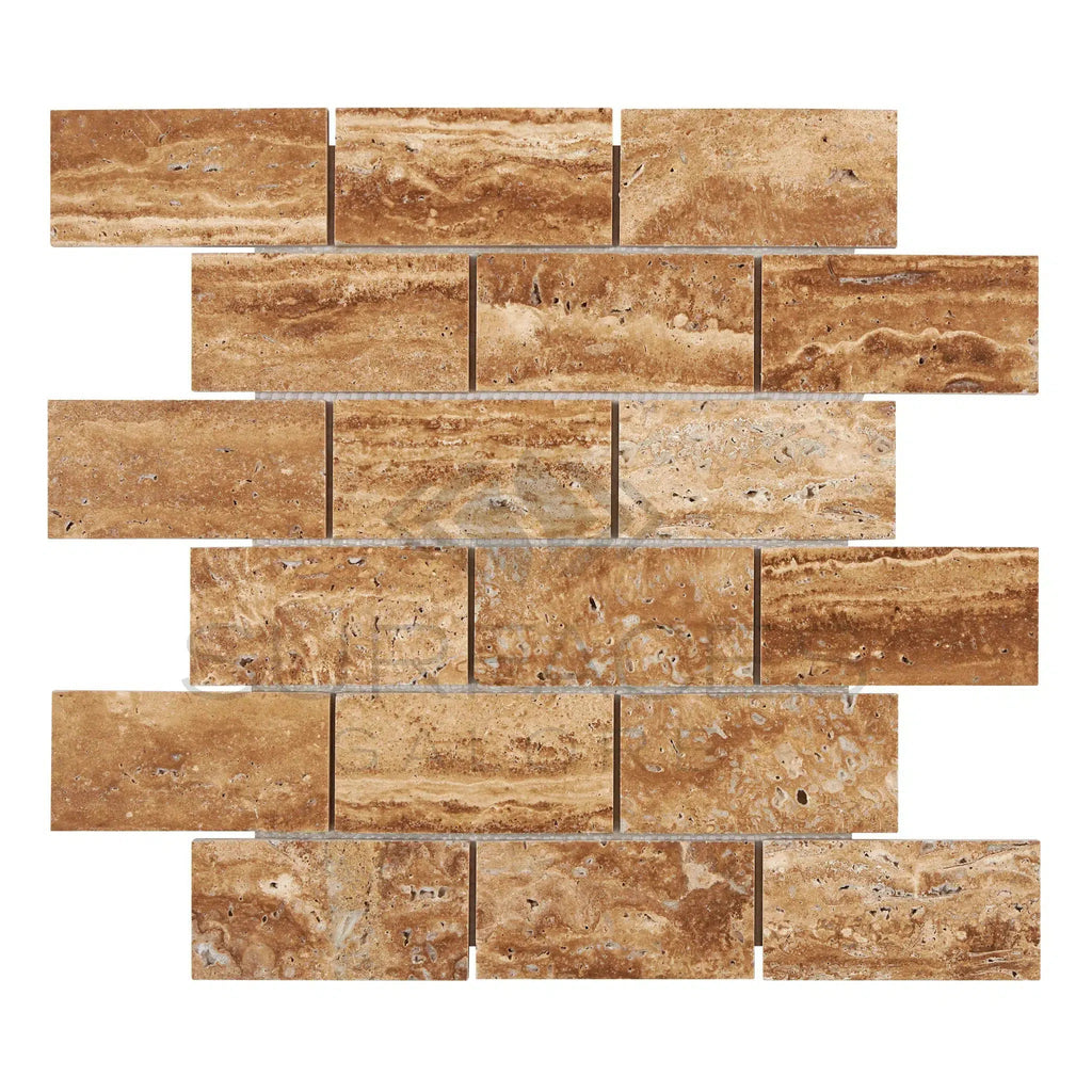 Noce Exotic 2X4 Brick Mosaic Vein-Cut Travertine Unfilled and Brushed