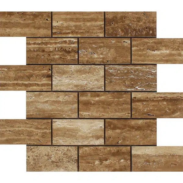 Noce Exotic 2X4 Brick Mosaic Vein - Cut Travertine Unfilled and Brushed - SurfacesGalore