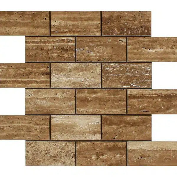 Noce Exotic 2X4 Brick Mosaic Vein-Cut Travertine Unfilled and Brushed