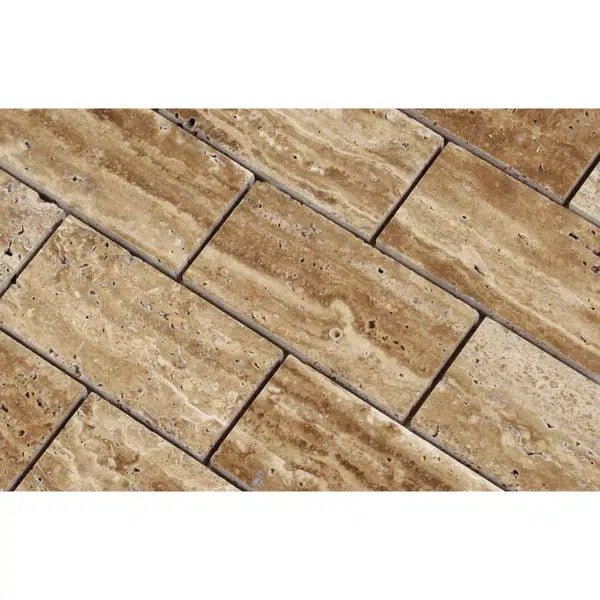 Noce Exotic 2X4 Brick Mosaic Vein - Cut Travertine Unfilled and Polished - SurfacesGalore