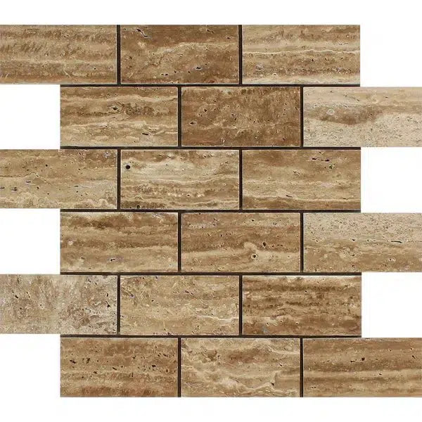 Noce Exotic 2X4 Brick Mosaic Vein-Cut Travertine Unfilled and Polished