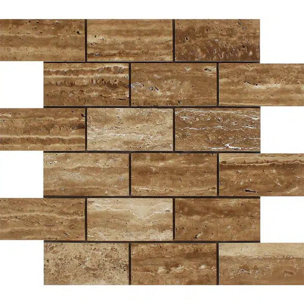 Noce Exotic 2X4 Brick Mosaic Vein-Cut Travertine Unfilled and Polished