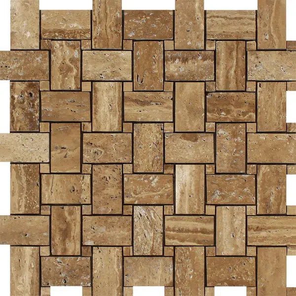 Noce Exotic Basketweave w/ Noce Exotic Dots Travertine Mosaic Vein - Cut Unfilled and Brushed - SurfacesGalore