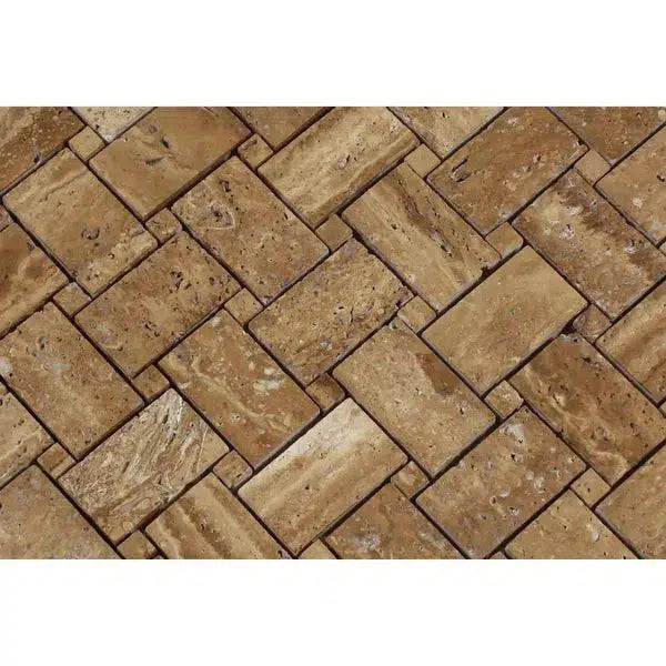 Noce Exotic Basketweave w/ Noce Exotic Dots Travertine Mosaic Vein - Cut Unfilled and Brushed - SurfacesGalore