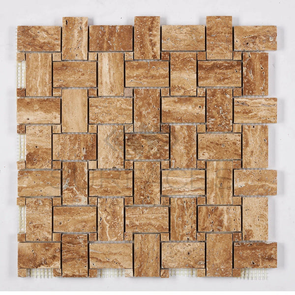 Noce Exotic Basketweave w/ Noce Exotic Dots Travertine Mosaic Vein - Cut Unfilled and Brushed - SurfacesGalore