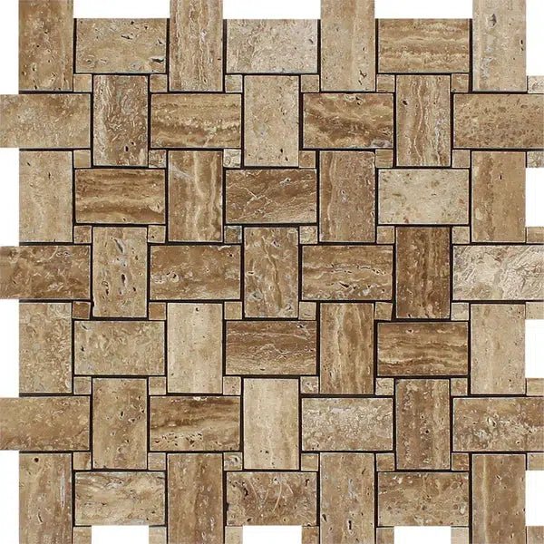 Noce Exotic Basketweave w/ Noce Exotic Dots Travertine Mosaic Vein - Cut Unfilled and Polished - SurfacesGalore