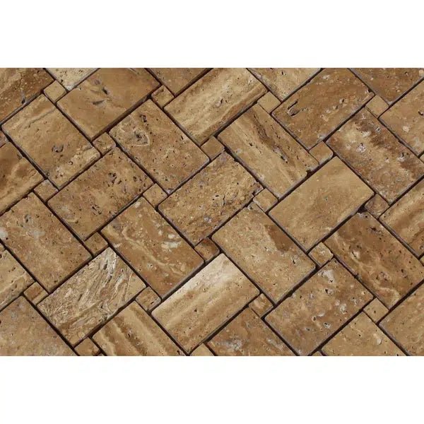 Noce Exotic Basketweave w/ Noce Exotic Dots Travertine Mosaic Vein - Cut Unfilled and Polished - SurfacesGalore