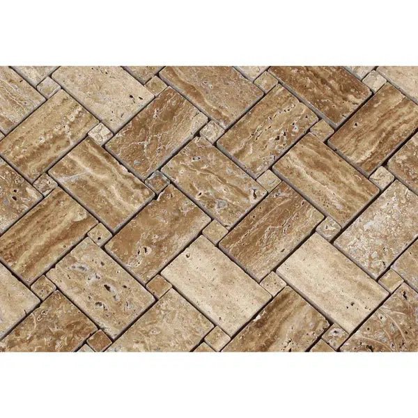 Noce Exotic Basketweave w/ Noce Exotic Dots Travertine Mosaic Vein - Cut Unfilled and Polished - SurfacesGalore