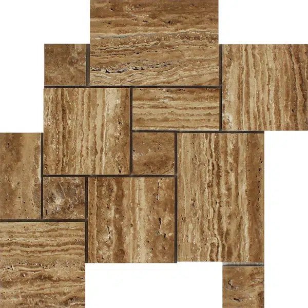 Noce Exotic OPUS Mini - Pattern (4 pcs.) (Interlocking) Travertine Mosaic Vein - Cut Unfilled and Brushed - SurfacesGalore