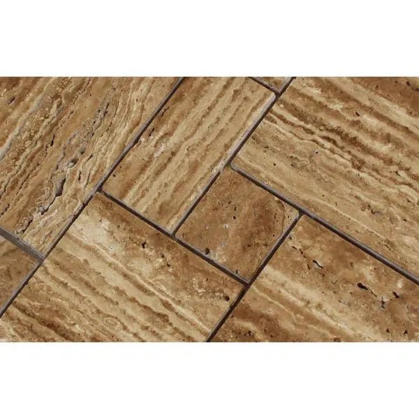 Noce Exotic OPUS Mini - Pattern (4 pcs.) (Interlocking) Travertine Mosaic Vein - Cut Unfilled and Brushed - SurfacesGalore