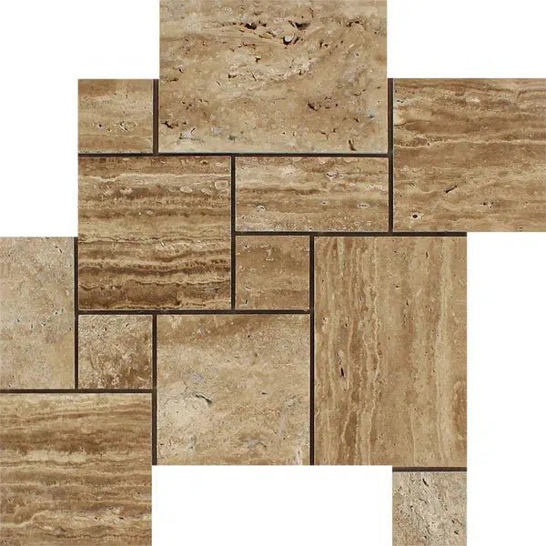 Noce Exotic OPUS Mini - Pattern (4 pcs.) (Interlocking) Travertine Mosaic Vein - Cut Unfilled and Polished - SurfacesGalore