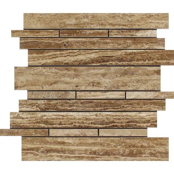 Noce Exotic Random Strip Travertine Mosaic Vein - Cut Unfilled and Brushed - SurfacesGalore