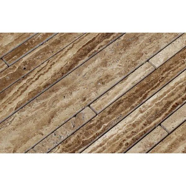 Noce Exotic Random Strip Travertine Mosaic Vein - Cut Unfilled and Brushed - SurfacesGalore