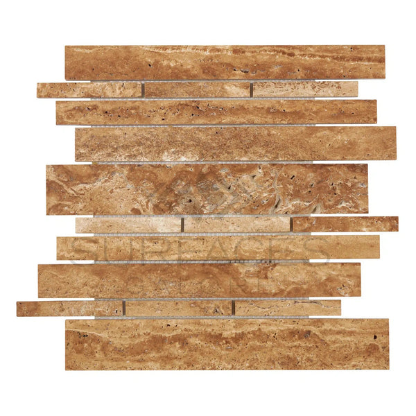 Noce Exotic Random Strip Travertine Mosaic Vein-Cut Unfilled and Polished