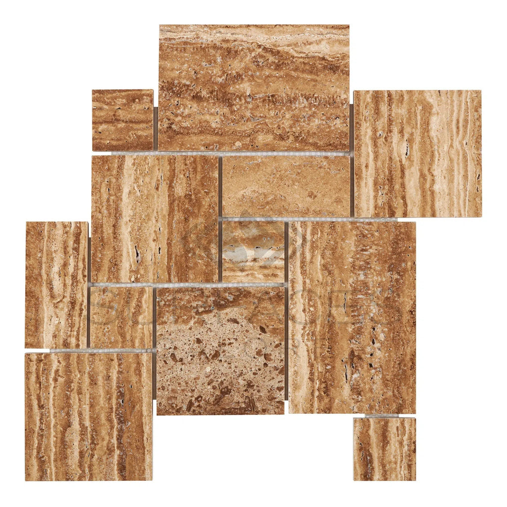 Noce Exotic Vein - Cut Travertine 4 pcs Versailles Pattern / French Pattern Set Unfilled / Brushed and Straight Edge - SurfacesGalore