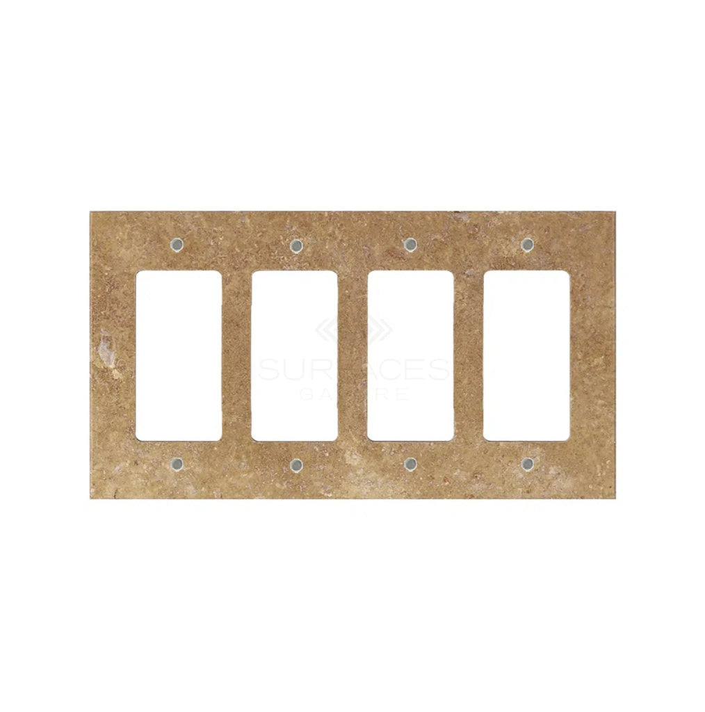 The Noce Travertine 4 Gang ROCKER Switch Wall Plate by SurfacesGalore features a rectangular brown design with four vertical rectangular cutouts for switches, seamlessly blending with any decor while offering a natural stone aesthetic.