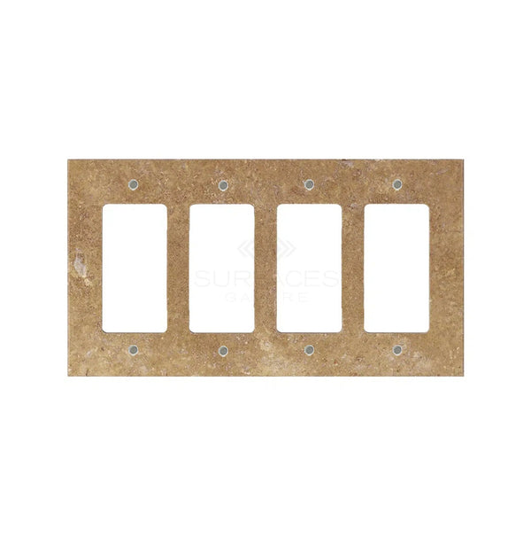 The Noce Travertine 4 Gang ROCKER Switch Wall Plate by SurfacesGalore features a rectangular brown design with four vertical rectangular cutouts for switches, seamlessly blending with any decor while offering a natural stone aesthetic.