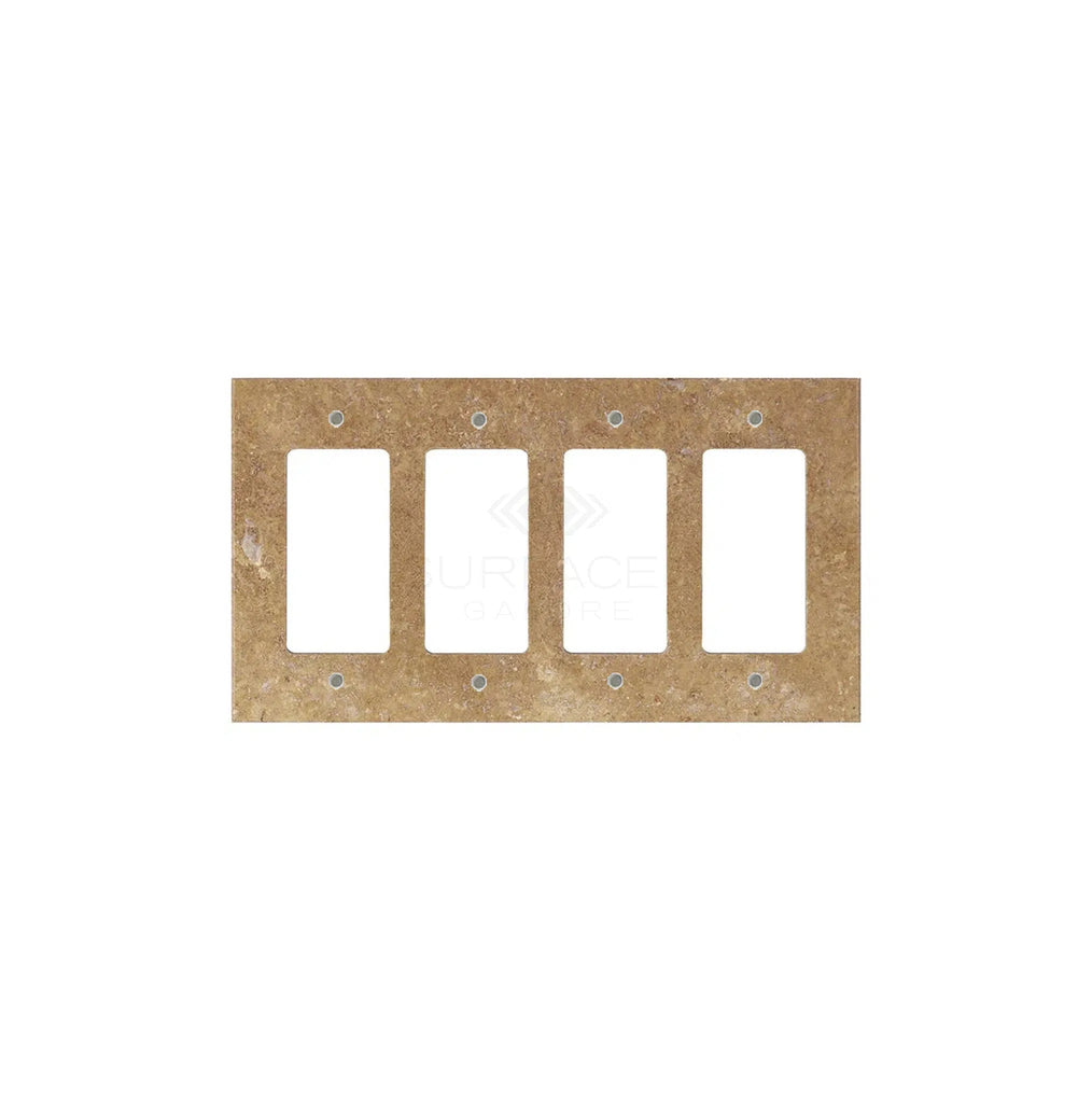 SurfacesGalore's Noce Travertine 4 Gang ROCKER Switch Wall Plate/Cover Plate/Switch Plate features four rectangular switch openings and pre-drilled screw holes, designed to mimic the look of natural stone.