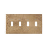 The Noce Travertine 4 Gang TOGGLE Switch Wall Plate from SurfacesGalore features a light brown, rustic, textured finish with natural stone variations and a rectangular shape.