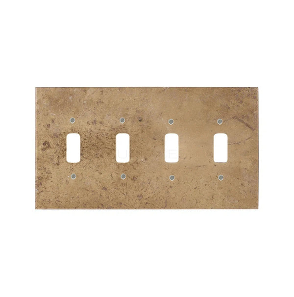 The Noce Travertine 4 Gang TOGGLE Switch Wall Plate from SurfacesGalore features a light brown, rustic, textured finish with natural stone variations and a rectangular shape.