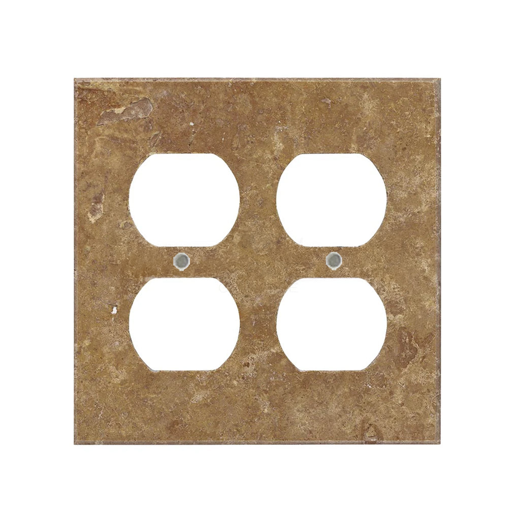 The Noce Travertine Double DUPLEX Switch Wall Plate/Cover Plate/Switch Plate by SurfacesGalore is a brown, square wall plate designed to resemble the texture of natural stone, featuring four openings for electrical outlets.