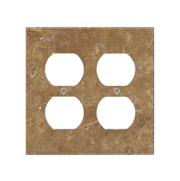 The Noce Travertine Double DUPLEX Switch Wall Plate/Cover Plate/Switch Plate by SurfacesGalore is a brown, square wall plate designed to resemble the texture of natural stone, featuring four openings for electrical outlets.