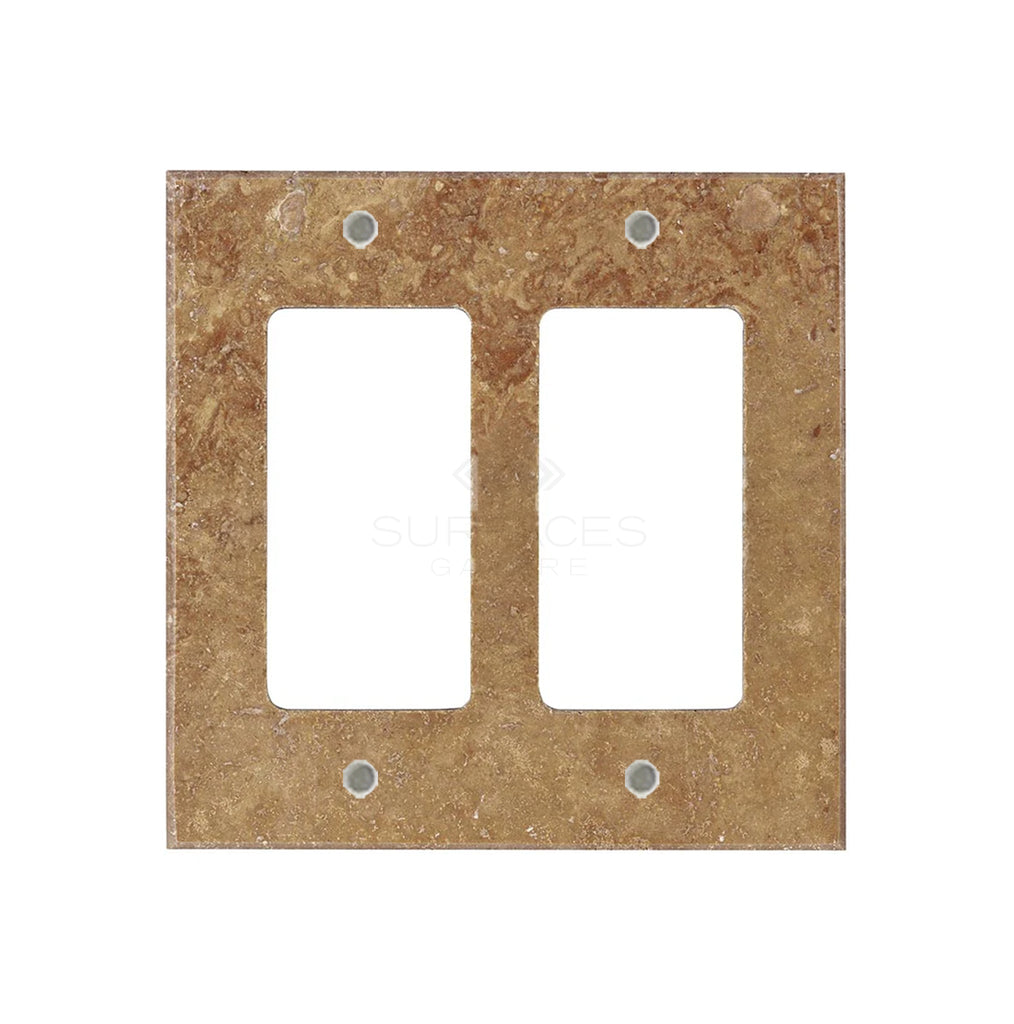 A Noce Travertine Double ROCKER Switch Wall Plate from SurfacesGalore, with a stone-like texture on a white background, reminiscent of natural stone.