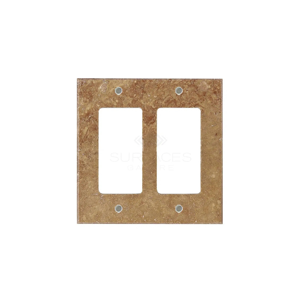 A Noce Travertine Double ROCKER Switch Wall Plate by SurfacesGalore, featuring an authentic marble texture and screw holes at each corner, against a white background.