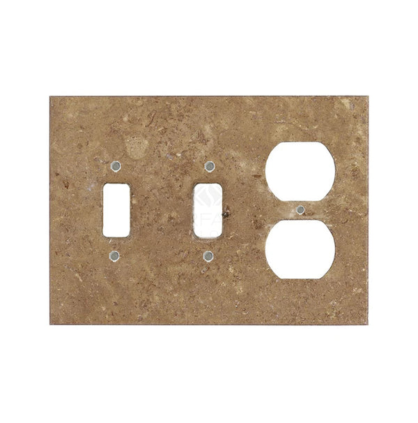 The Noce Travertine Double TOGGLE - DUPLEX Switch Wall Plate/Cover Plate/Switch Plate by SurfacesGalore is a beige stone-textured dual switch and outlet cover plate, designed to resemble natural stone and perfect for adding a touch of elegance to your home.