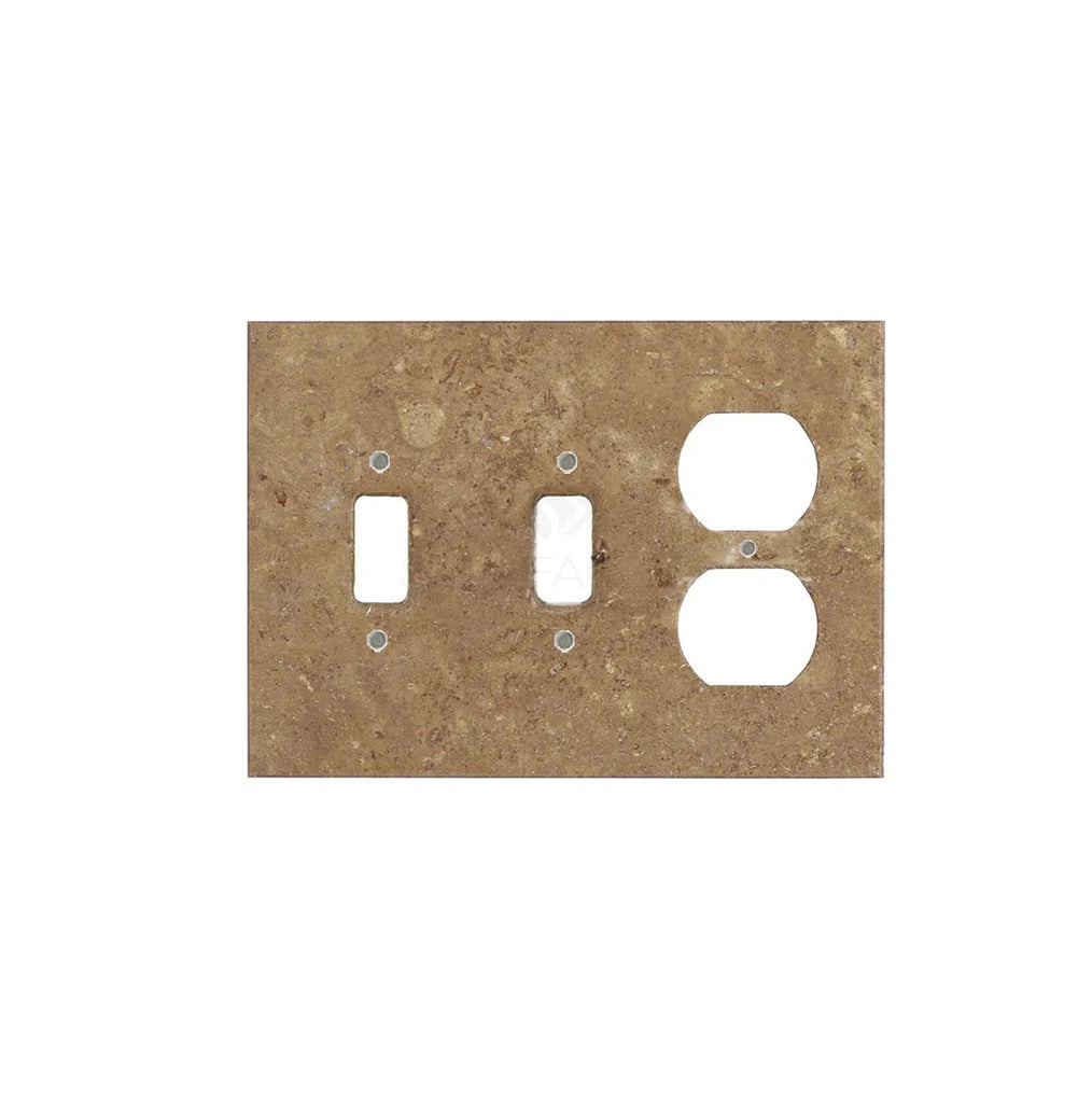 The Noce Travertine Double TOGGLE - DUPLEX Switch Wall Plate/Cover Plate/Switch Plate by SurfacesGalore is a brown, rectangular marble wall plate with double switch and outlet cutouts, offering a touch of natural stone elegance on a white background.