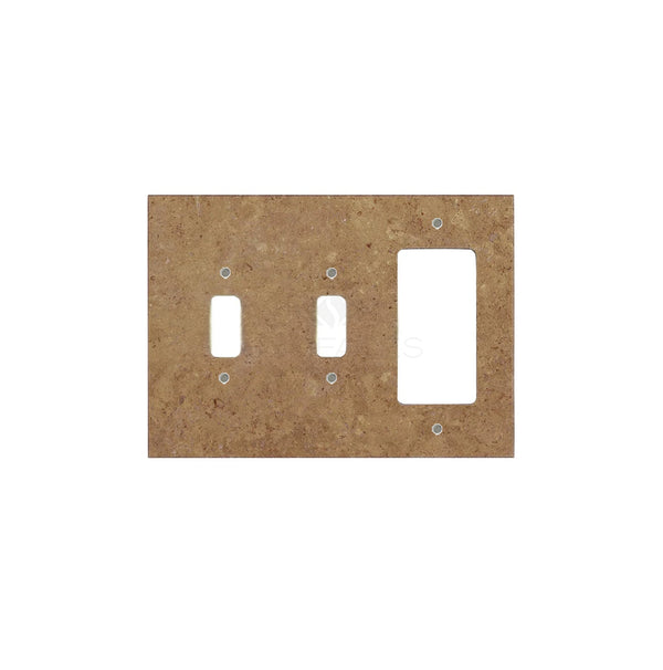 The SurfacesGalore Noce Travertine Double TOGGLE - ROCKER Switch Wall Plate, designed to mimic authentic marble with natural stone variations for a unique touch, features a rectangular brown design with three diverse switch openings.