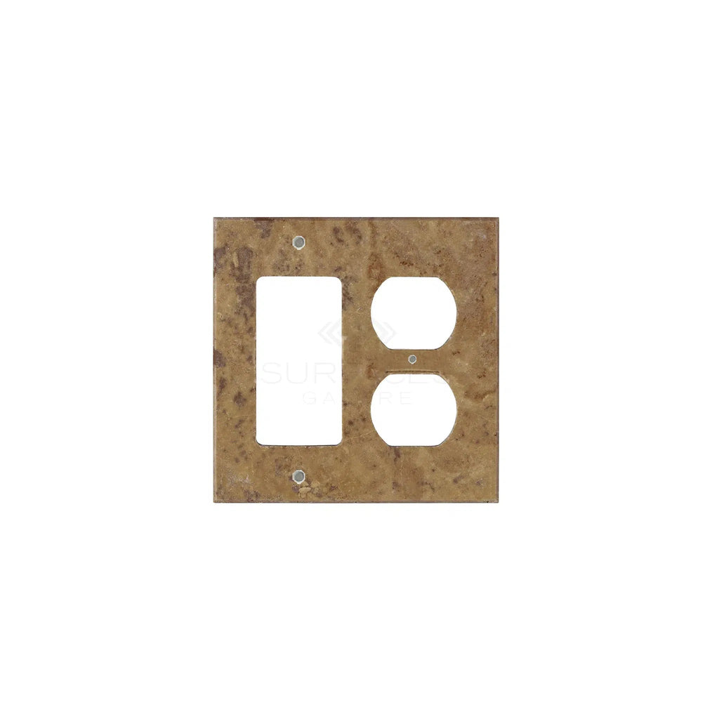 The Noce Travertine ROCKER - DUPLEX Switch Wall Plate/Cover Plate/Switch Plate by SurfacesGalore features a brass-colored finish with one rectangular and two circular cutouts for switches and outlets, making it ideal for those who appreciate the elegance of authentic marble switch plate covers.