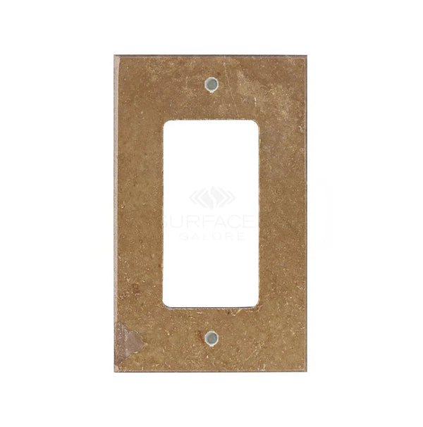 A distinguished single rectangular Noce Travertine switch plate cover with two screw holes, crafted from an elegant brown material by SurfacesGalore.