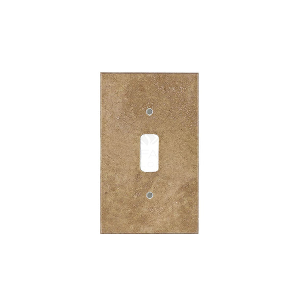 The Noce Travertine Single TOGGLE Plate Switch Wall Plate/Cover Plate/Switch Plate by SurfacesGalore is a beige rectangular light switch cover plate, reminiscent of natural stone, featuring a single switch cutout and two screw holes.