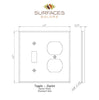 Technical drawing of a Noce Travertine toggle-duplex switch wall plate, 4.5" x 4.5", featuring the "SurfacesGalore" name.