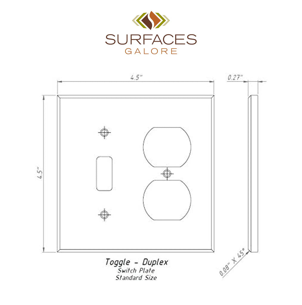 Technical drawing of a Noce Travertine toggle-duplex switch wall plate, 4.5" x 4.5", featuring the "SurfacesGalore" name.