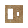 Introducing the Noce Travertine TOGGLE - ROCKER Switch Wall Plate from SurfacesGalore. This square light switch cover plate features a beige, speckled texture with one large and one small rectangular cutout. It adds a touch of luxury home decor to your space, blending seamlessly with authentic marble switch plates.