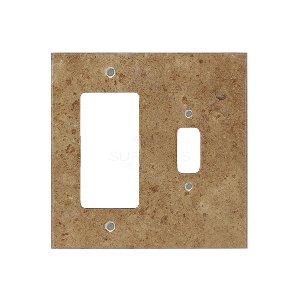 Introducing the Noce Travertine TOGGLE - ROCKER Switch Wall Plate from SurfacesGalore. This square light switch cover plate features a beige, speckled texture with one large and one small rectangular cutout. It adds a touch of luxury home decor to your space, blending seamlessly with authentic marble switch plates.