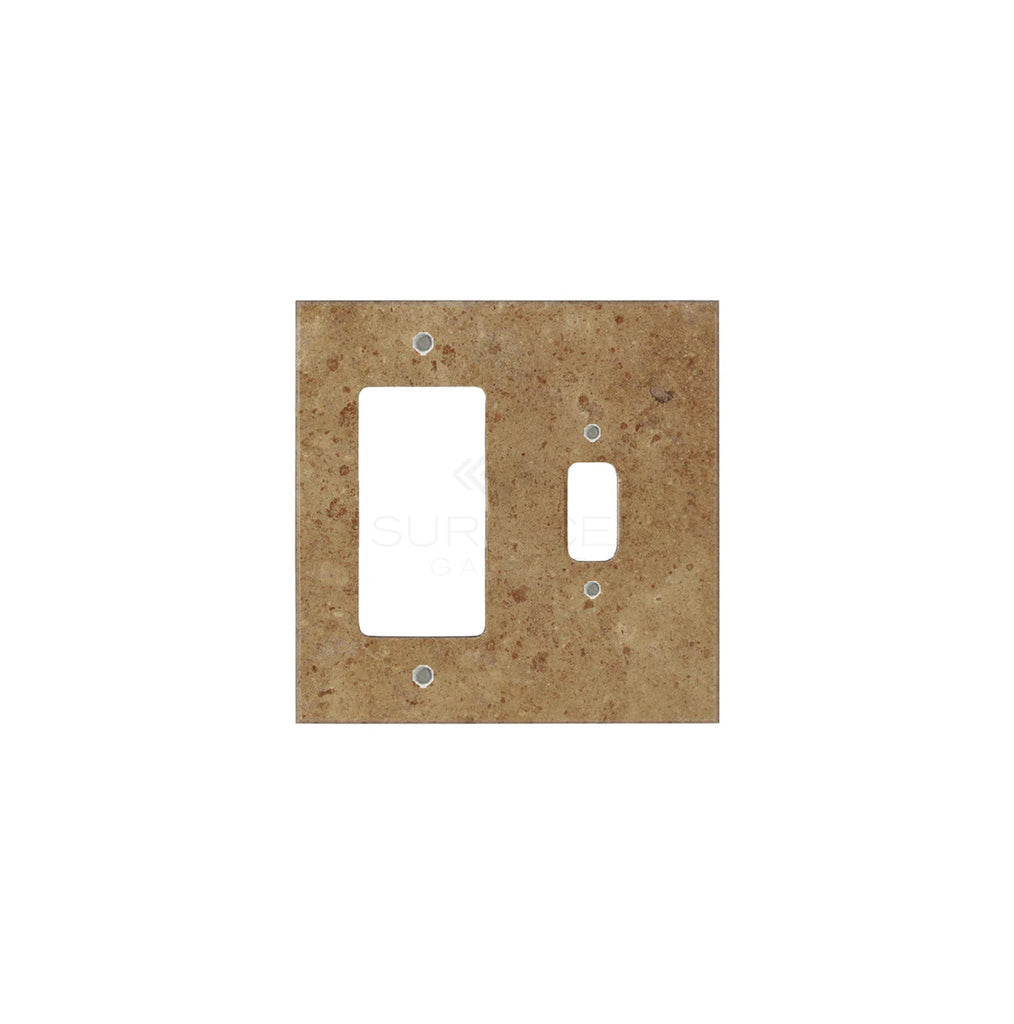 The Noce Travertine TOGGLE - ROCKER Switch Wall Plate/Cover Plate/Switch Plate by SurfacesGalore is a luxurious brown square switch plate with rectangular and circular cutouts, featuring four mounting holes to enhance your home decor.